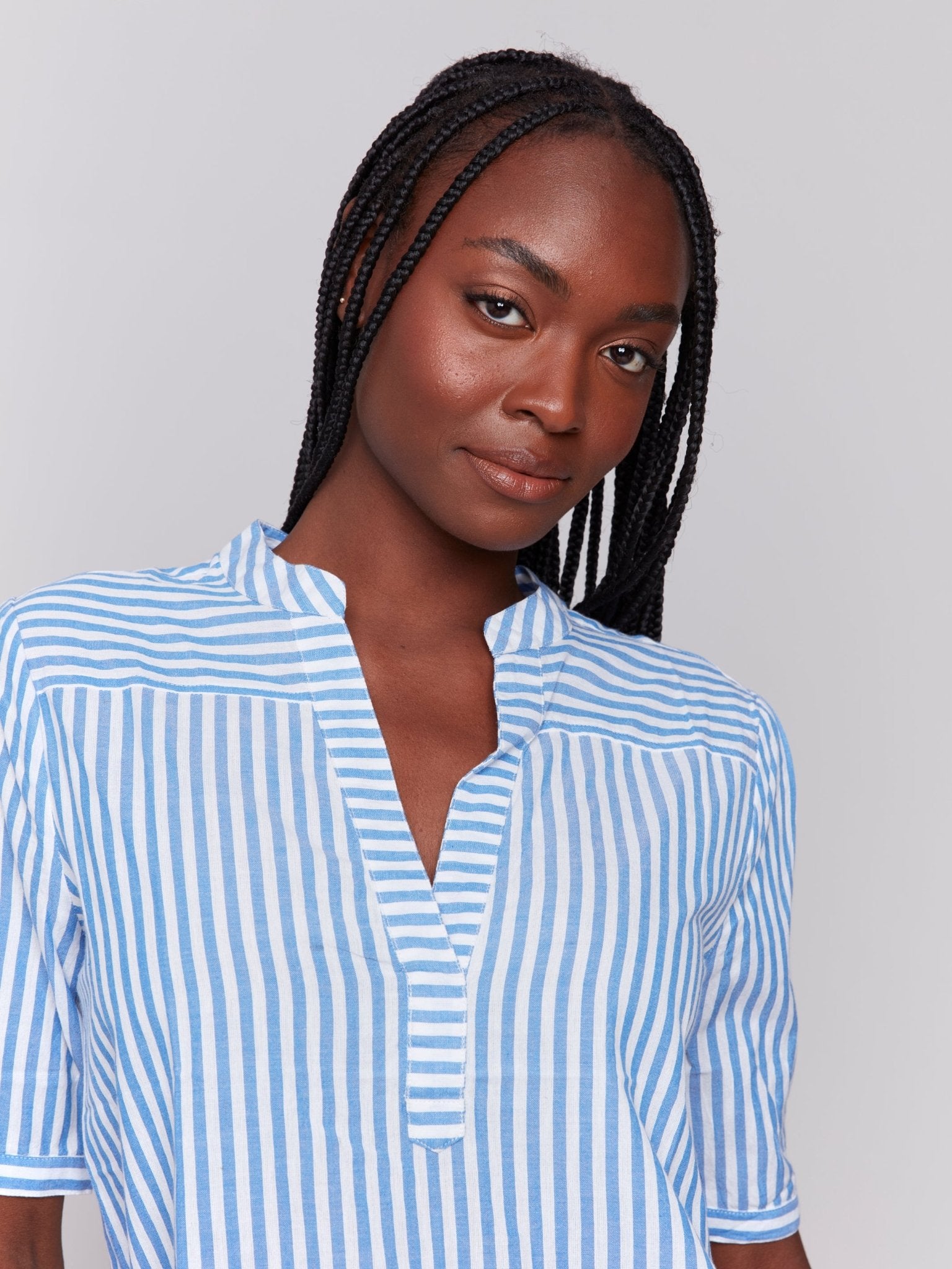 Striped Short Sleeve Popover Blouse - Charlie B - 690178621758 - Sugar River Shoppe - 