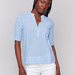 Striped Short Sleeve Popover Blouse - Charlie B - 690178621758 - Sugar River Shoppe - 