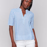 Striped Short Sleeve Popover Blouse - Charlie B - 690178621758 - Sugar River Shoppe - 