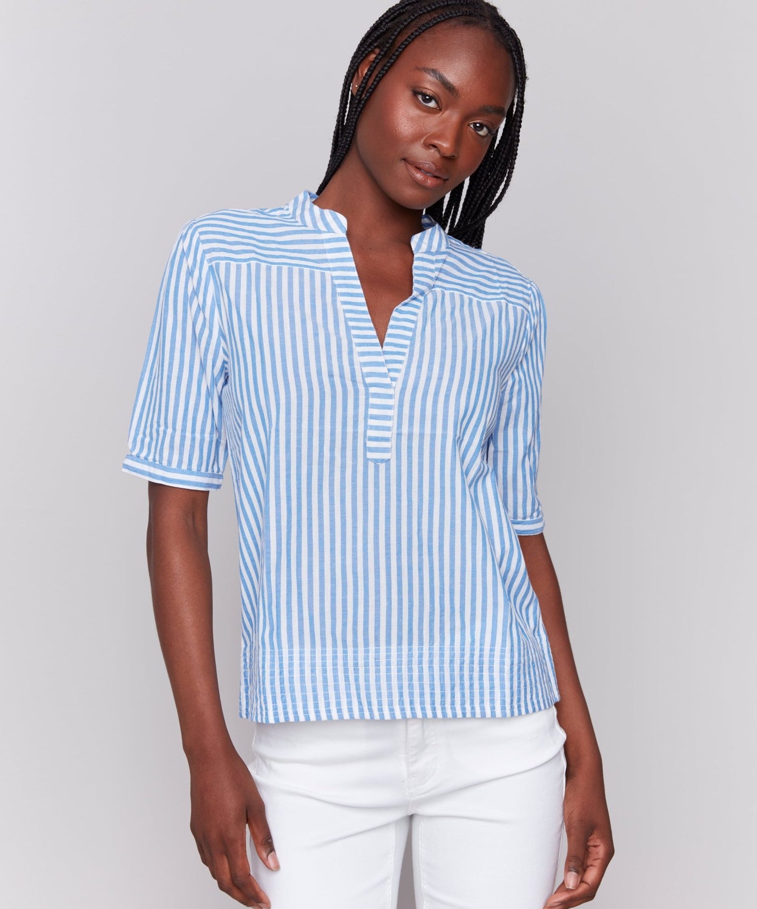 Striped Short Sleeve Popover Blouse - Charlie B - 690178621758 - Sugar River Shoppe - 