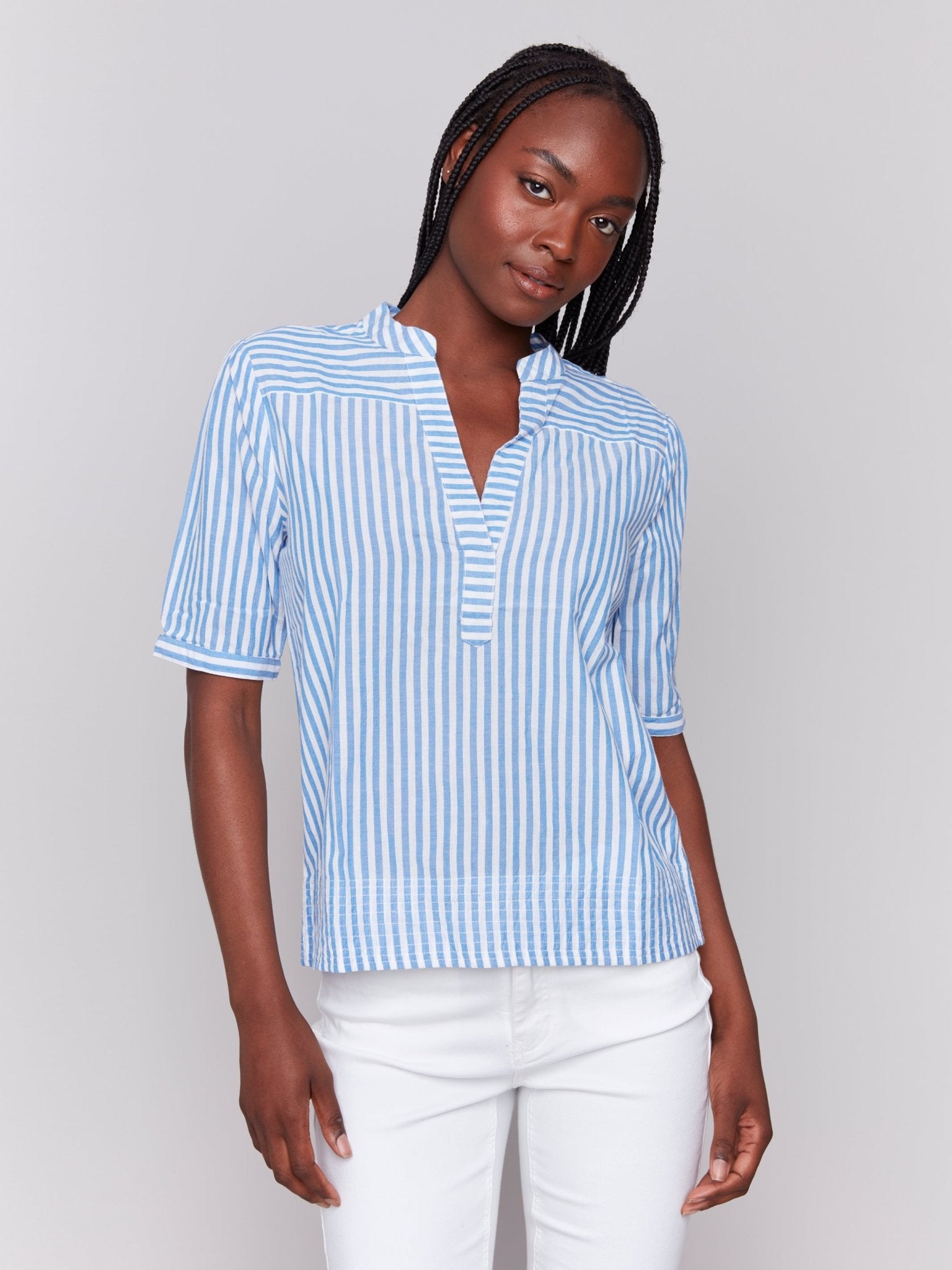Striped Short Sleeve Popover Blouse - Charlie B - 690178621758 - Sugar River Shoppe - 