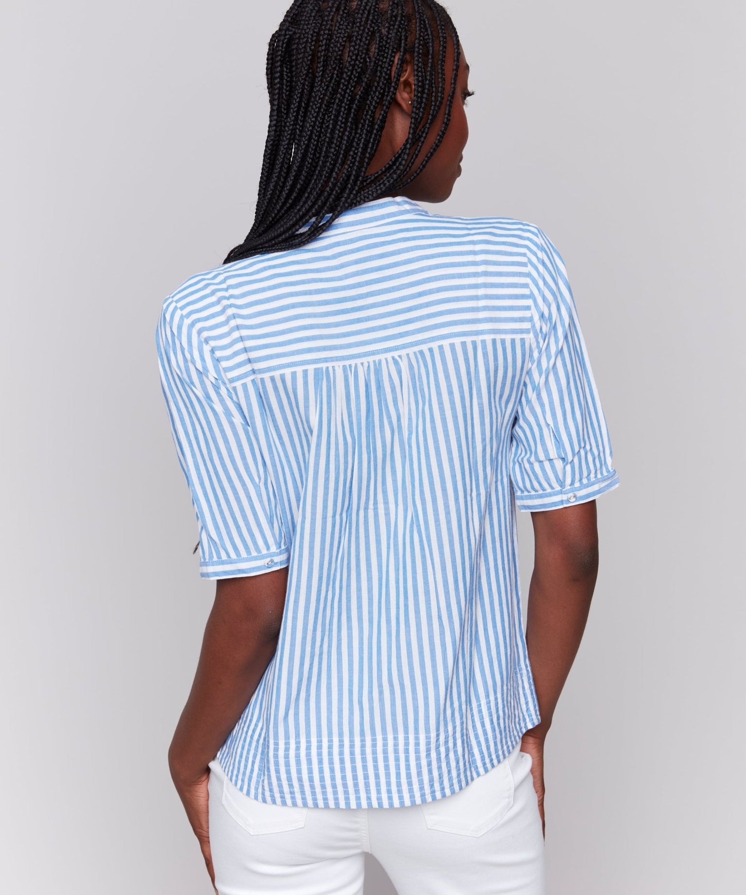 Striped Short Sleeve Popover Blouse - Charlie B - 690178621758 - Sugar River Shoppe - 