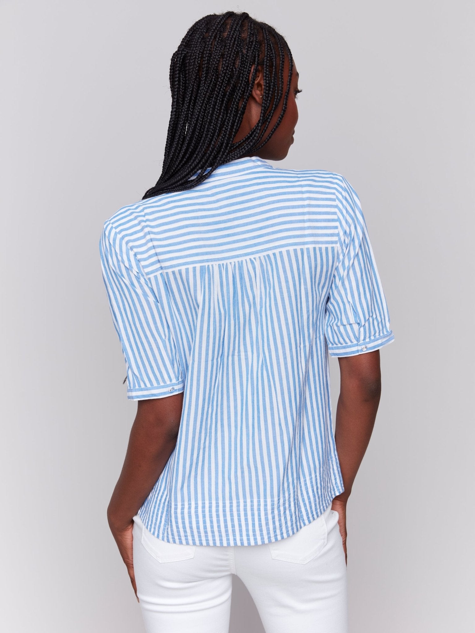 Striped Short Sleeve Popover Blouse - Charlie B - 690178621758 - Sugar River Shoppe - 