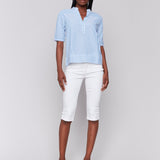 Striped Short Sleeve Popover Blouse - Charlie B - 690178621758 - Sugar River Shoppe - 