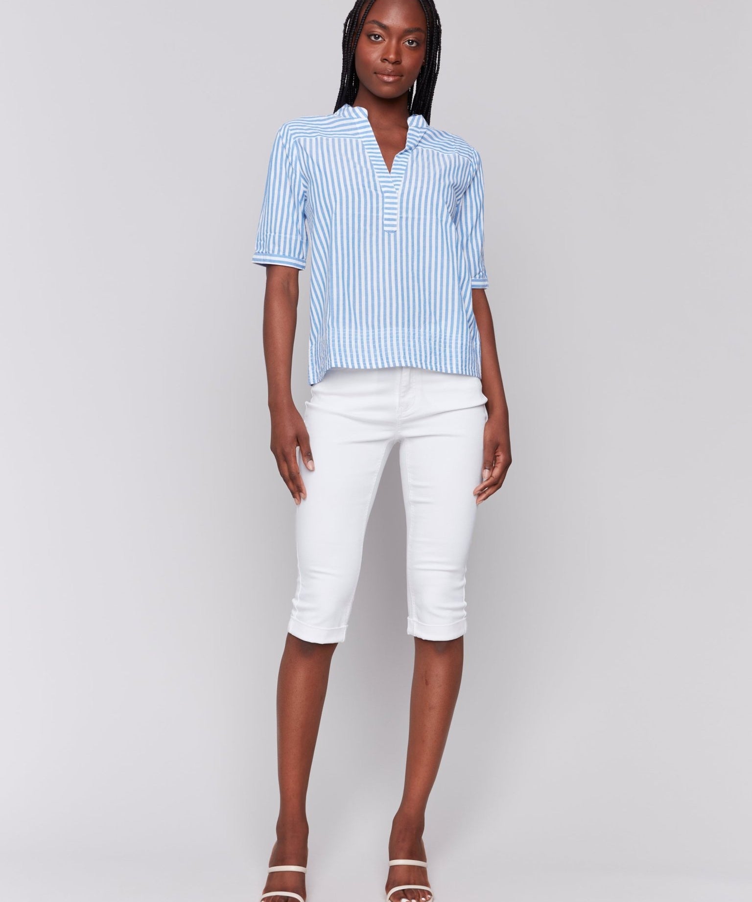 Striped Short Sleeve Popover Blouse - Charlie B - 690178621758 - Sugar River Shoppe - 