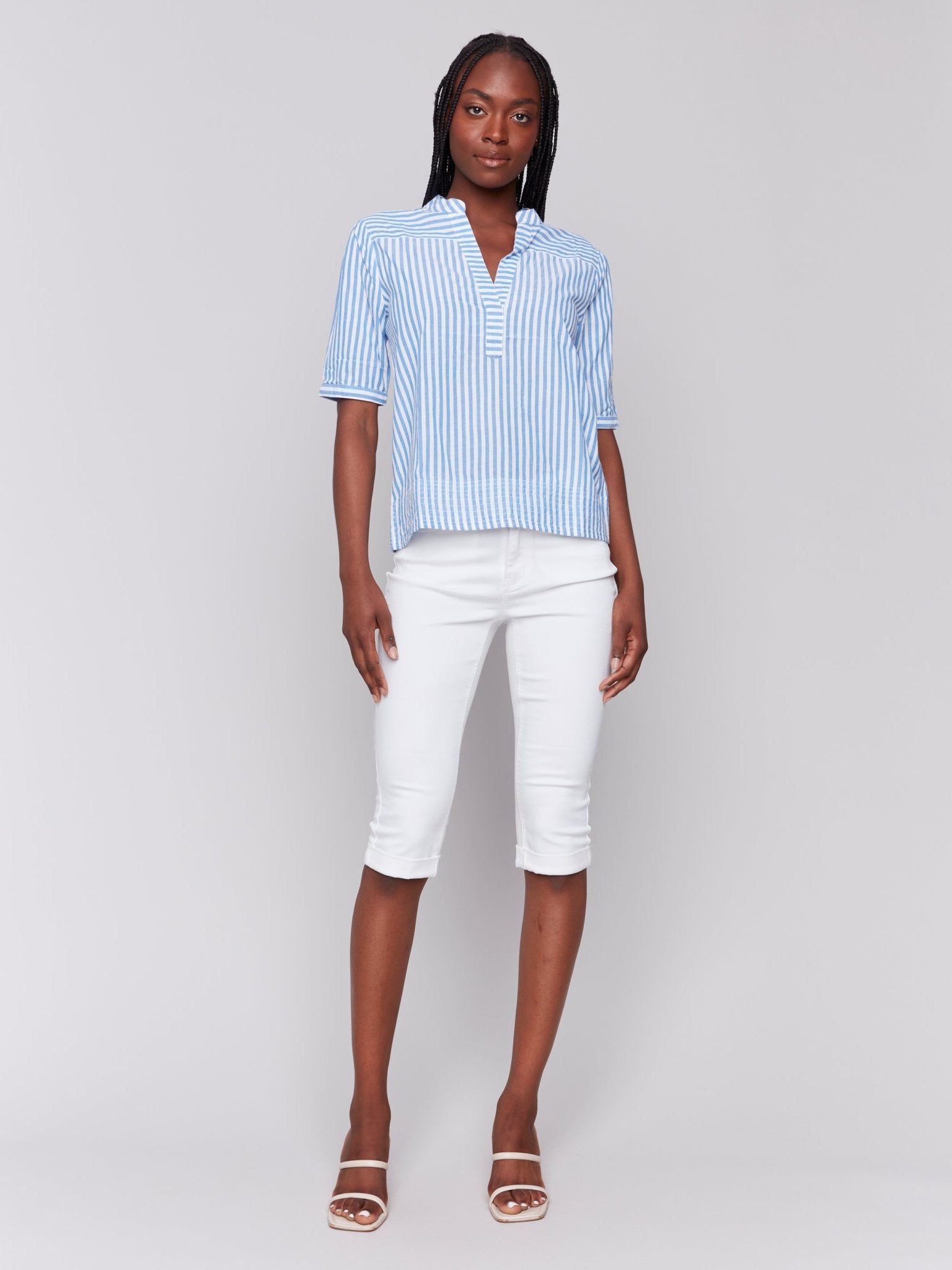 Striped Short Sleeve Popover Blouse - Charlie B - 690178621758 - Sugar River Shoppe - 