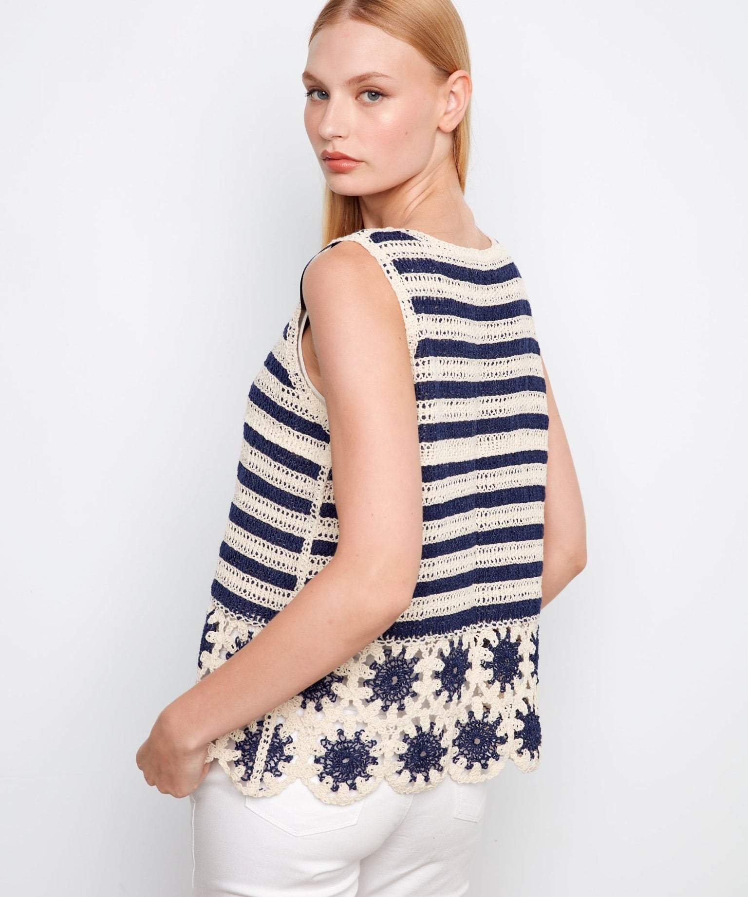 Striped Sleeveless Crochet Top with Floral Hem - Charlie B - 690178761874 - Sugar River Shoppe - 