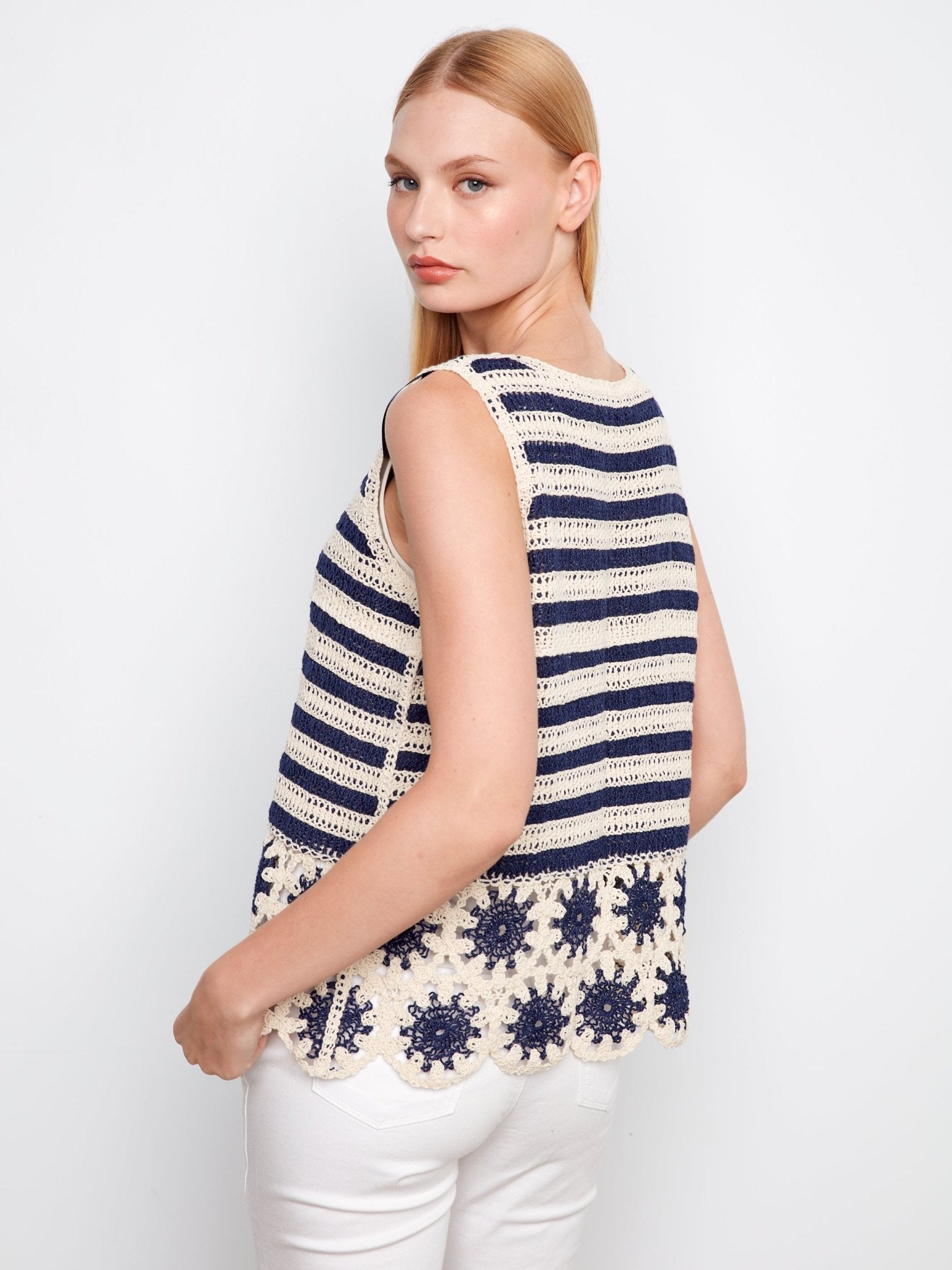 Striped Sleeveless Crochet Top with Floral Hem - Charlie B - 690178761874 - Sugar River Shoppe - 