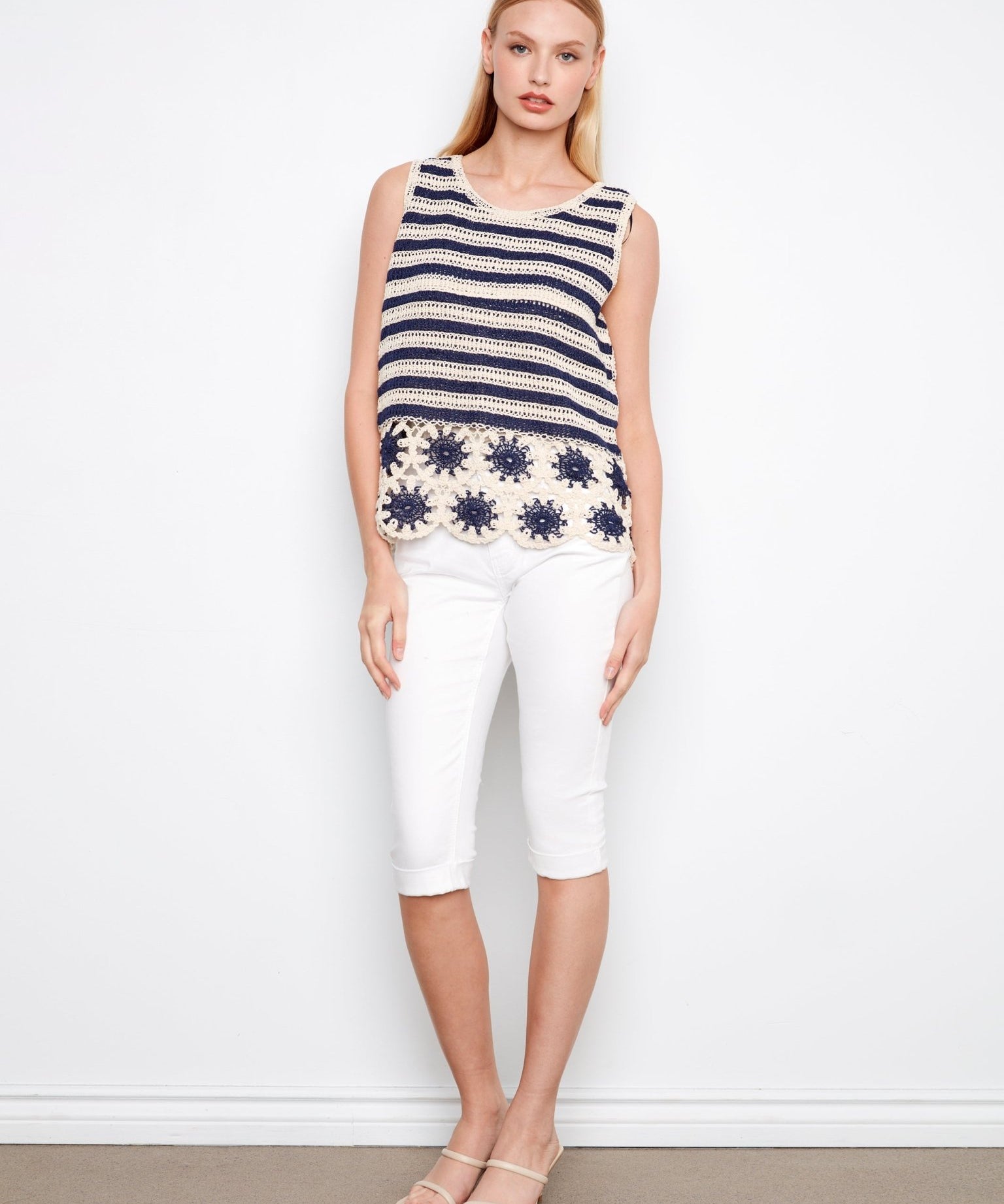 Striped Sleeveless Crochet Top with Floral Hem - Charlie B - 690178761874 - Sugar River Shoppe - 