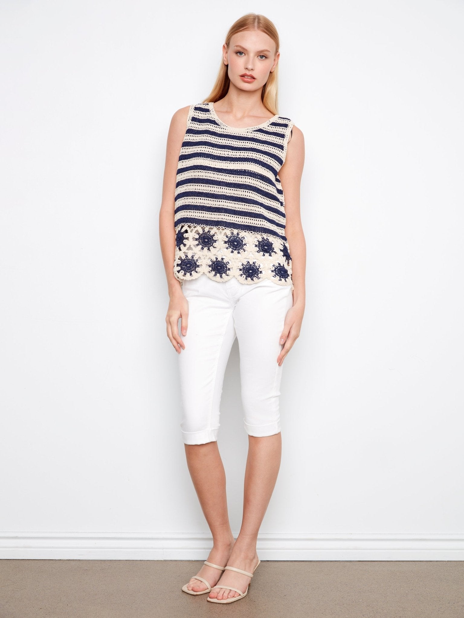 Striped Sleeveless Crochet Top with Floral Hem - Charlie B - 690178761874 - Sugar River Shoppe - 