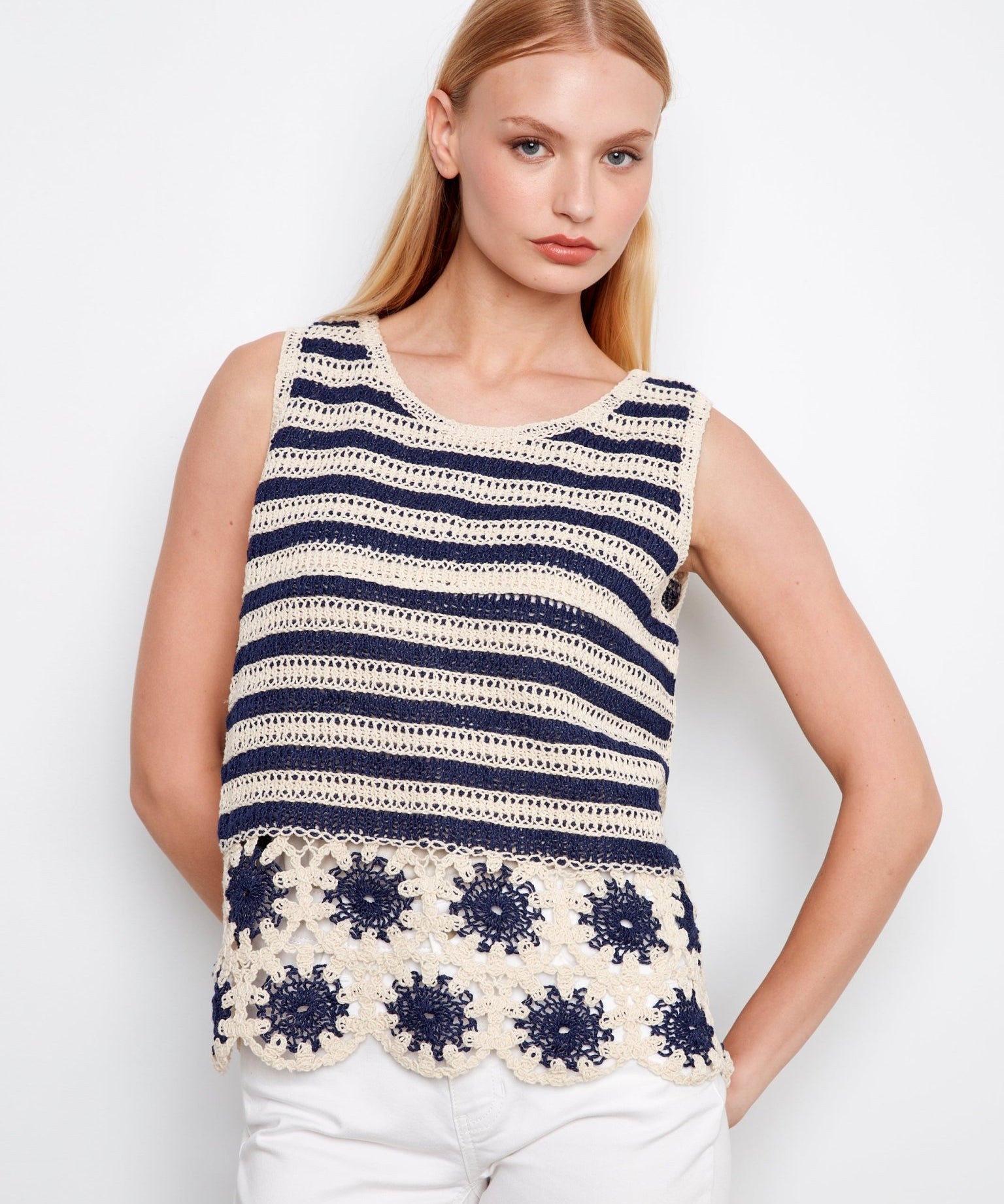 Striped Sleeveless Crochet Top with Floral Hem - Charlie B - 690178761874 - Sugar River Shoppe - 
