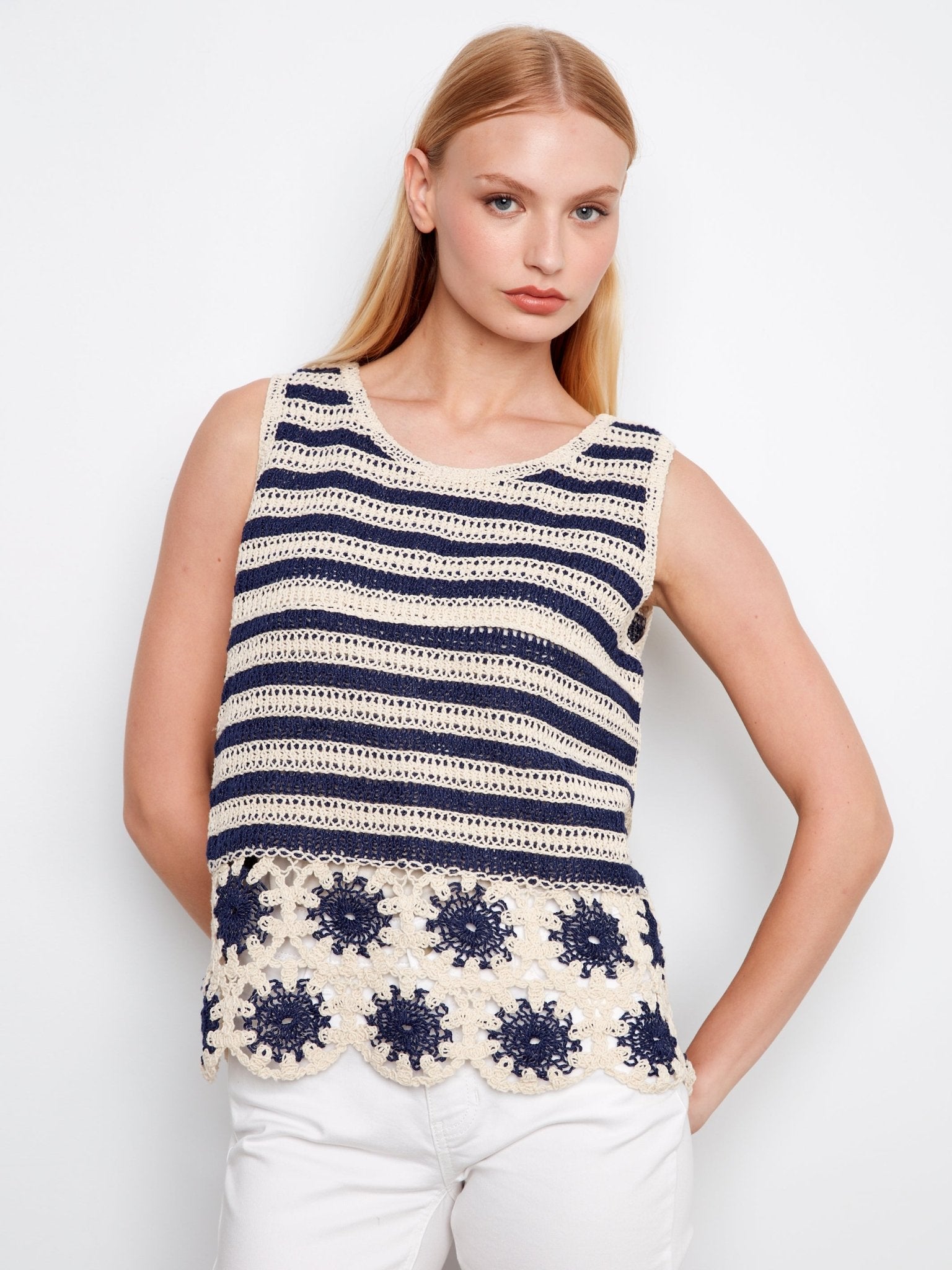 Striped Sleeveless Crochet Top with Floral Hem - Charlie B - 690178761874 - Sugar River Shoppe - 