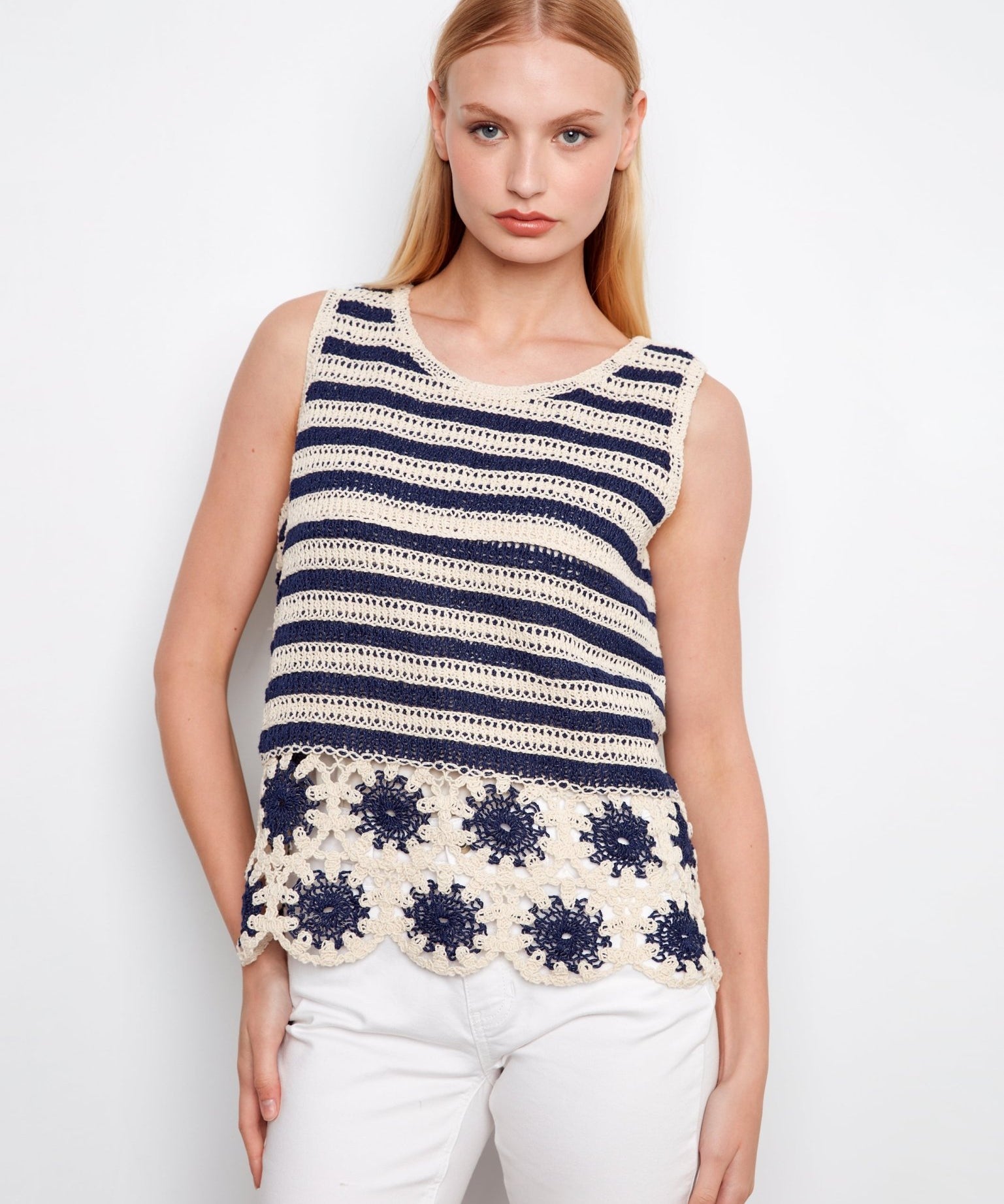 Striped Sleeveless Crochet Top with Floral Hem - Charlie B - 690178761874 - Sugar River Shoppe - 