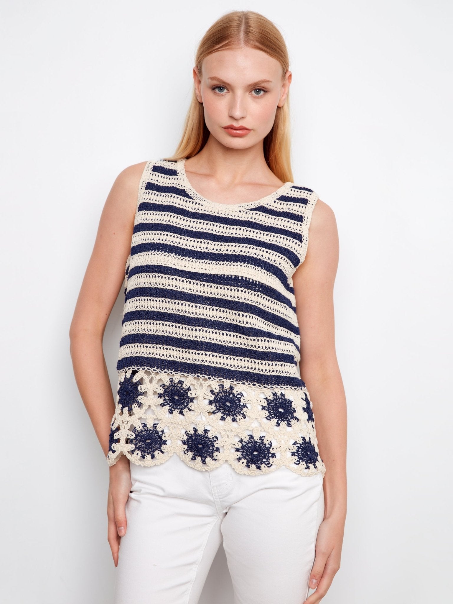 Striped Sleeveless Crochet Top with Floral Hem - Charlie B - 690178761874 - Sugar River Shoppe - 