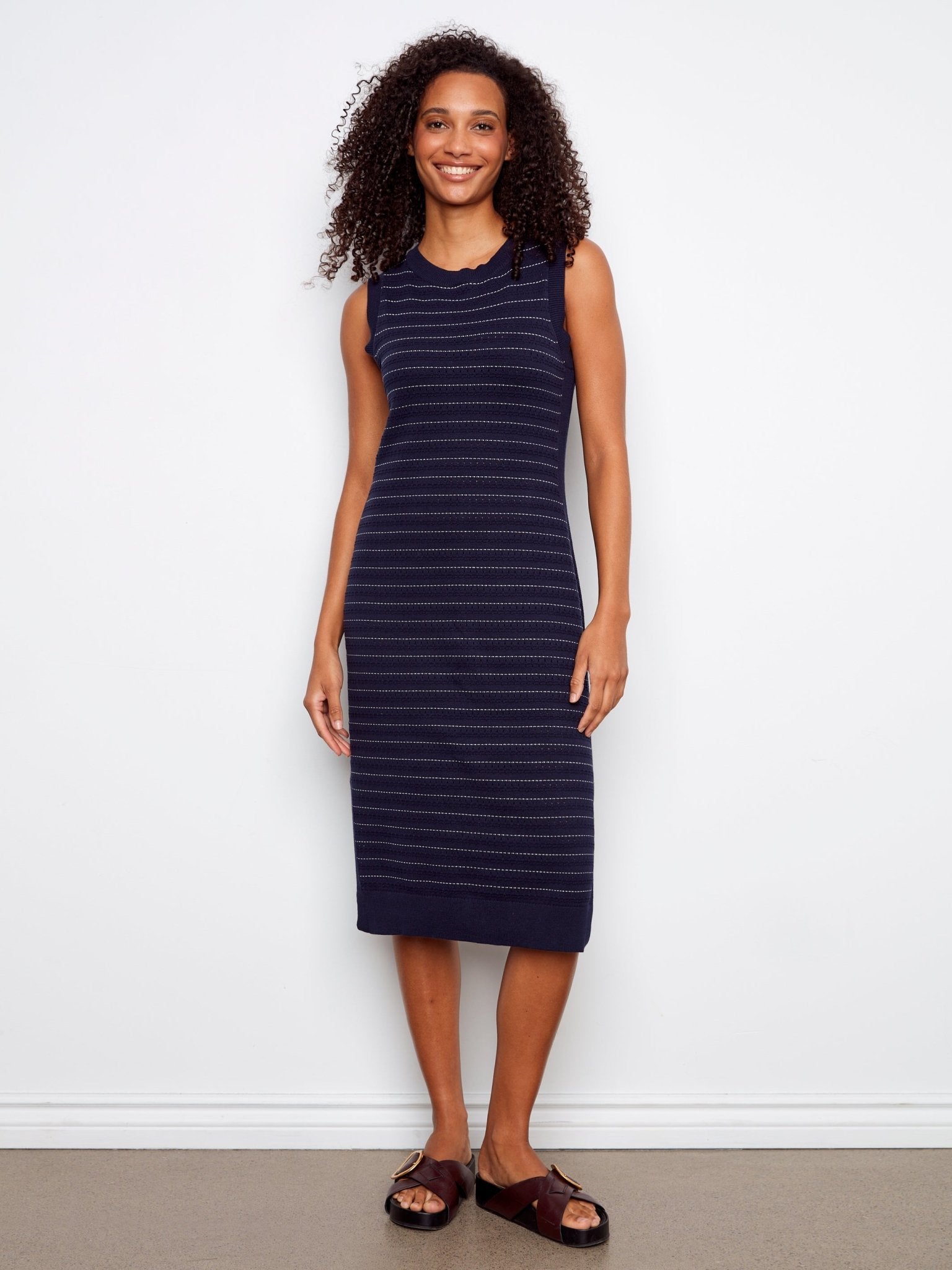 Striped Sleeveless Long Crew Neck Sweater Dress - Charlie B - 690178726606 - Sugar River Shoppe - 