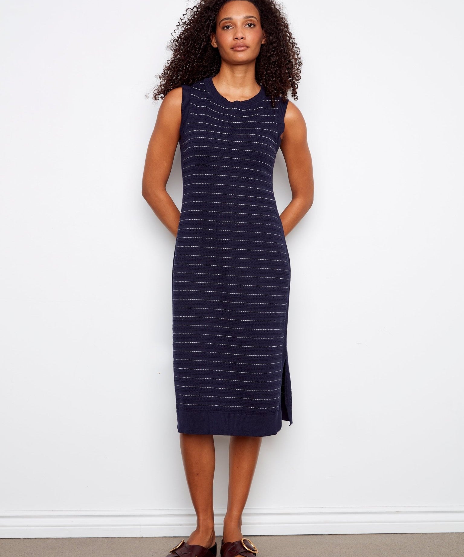 Striped Sleeveless Long Crew Neck Sweater Dress - Charlie B - 690178726606 - Sugar River Shoppe - 