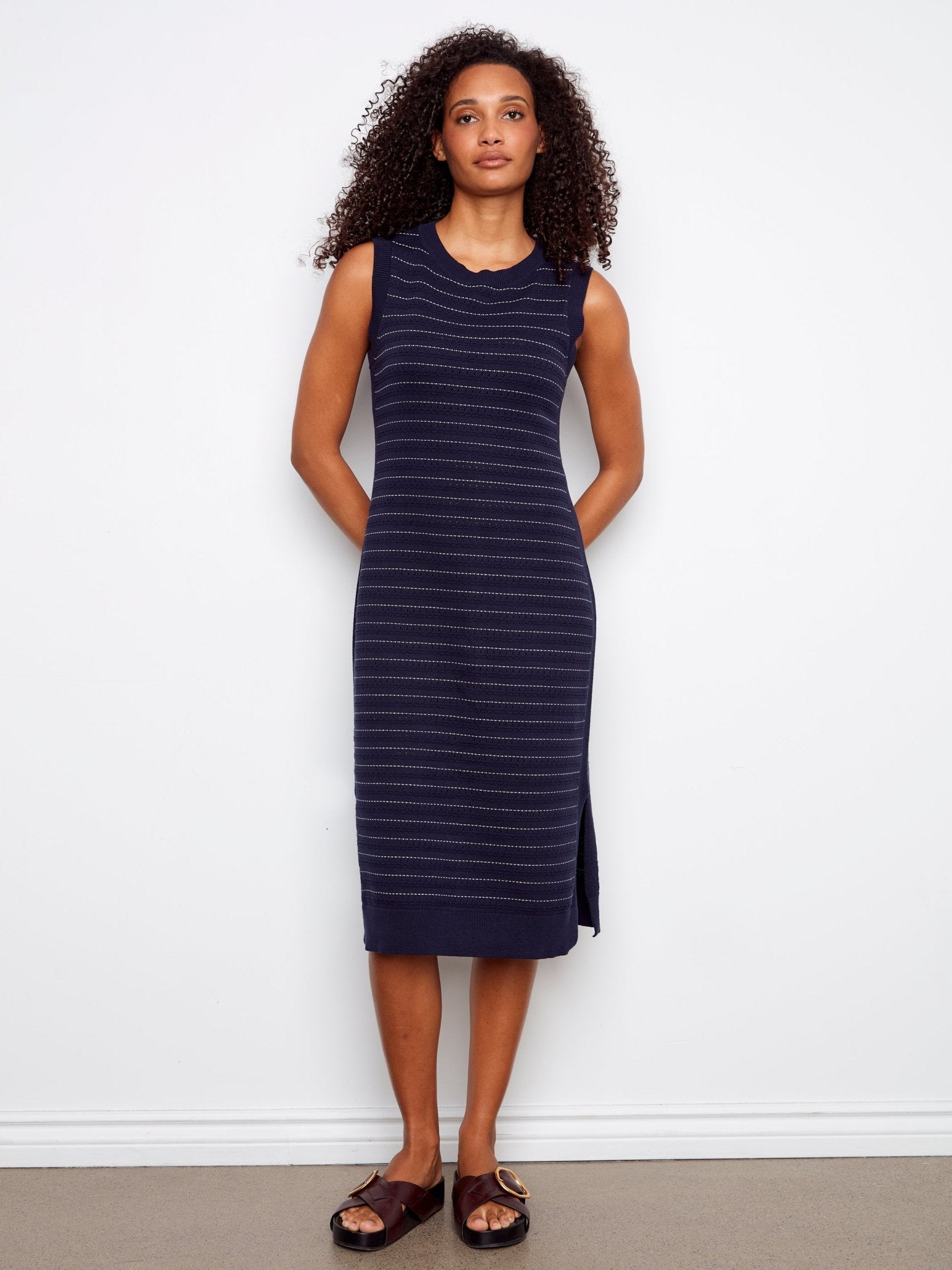 Striped Sleeveless Long Crew Neck Sweater Dress - Charlie B - 690178726606 - Sugar River Shoppe - 
