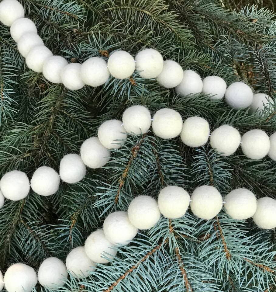 Felt Decor Garland White Balls - White Felt - Sugar River Shoppe