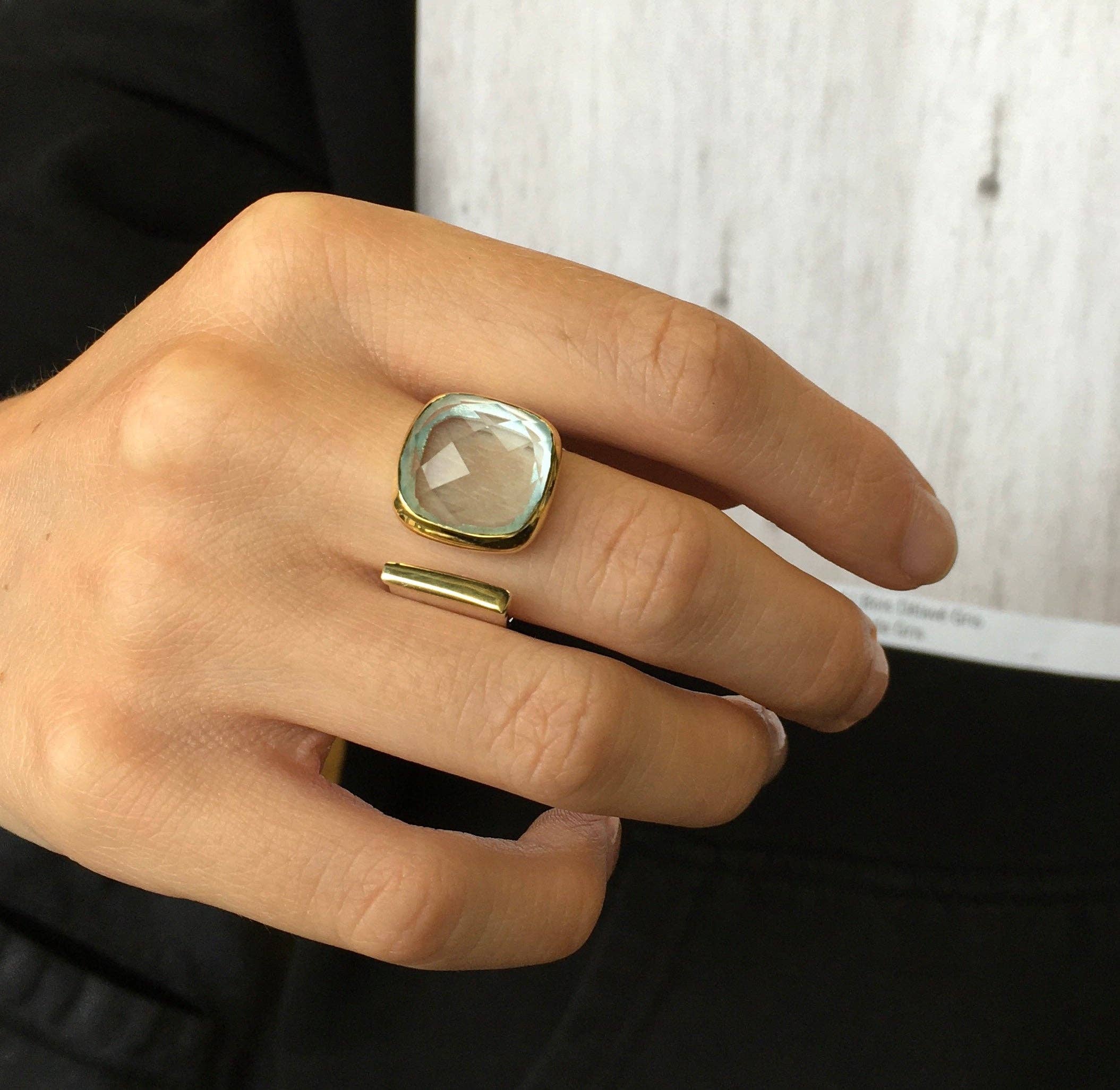 Statement Ring in Gold and Silver: Light Blue Topaz / Size 8 - Sugar River Shoppe