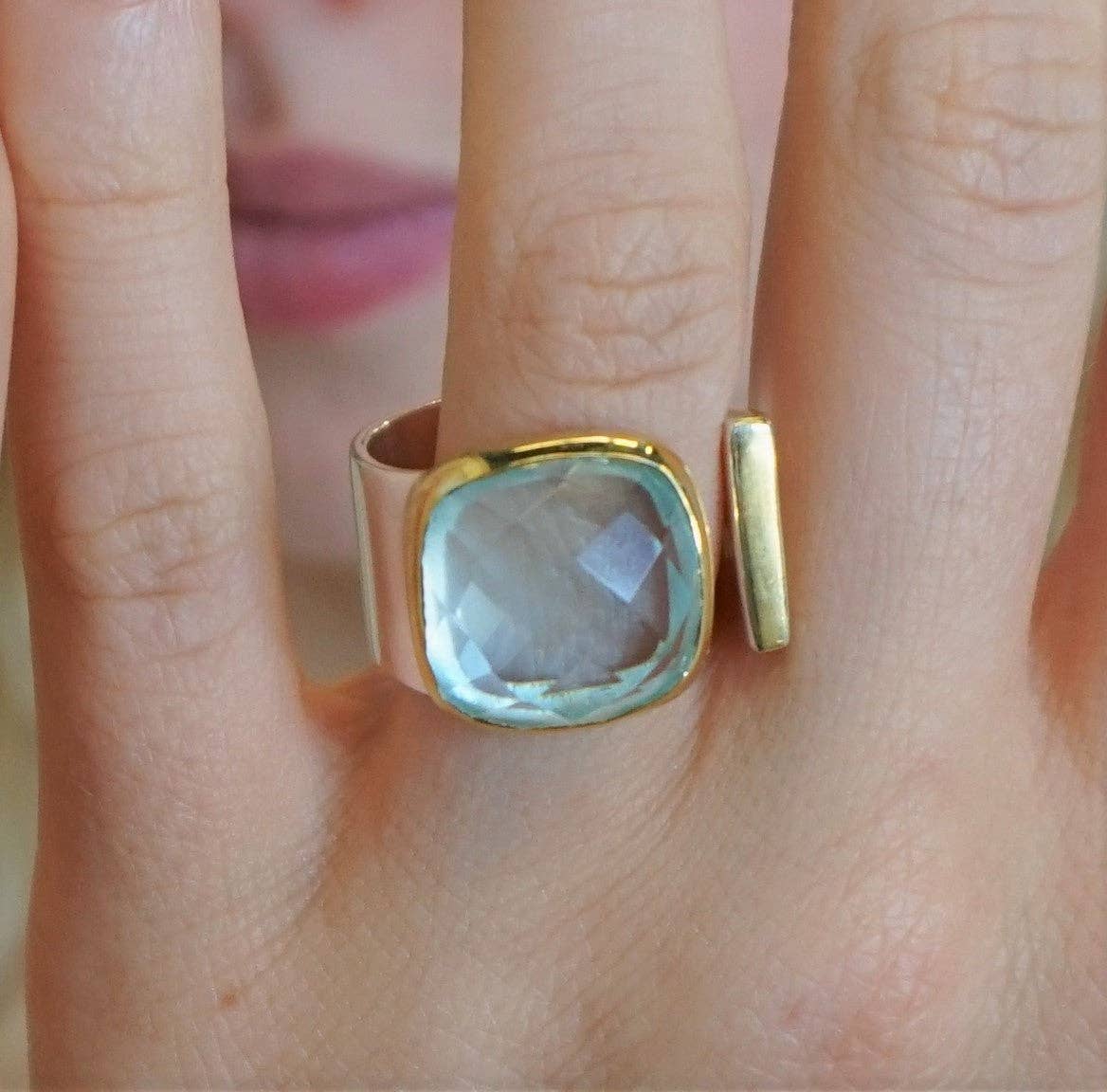 Statement Ring in Gold and Silver: Light Blue Topaz / Size 8 - Sugar River Shoppe